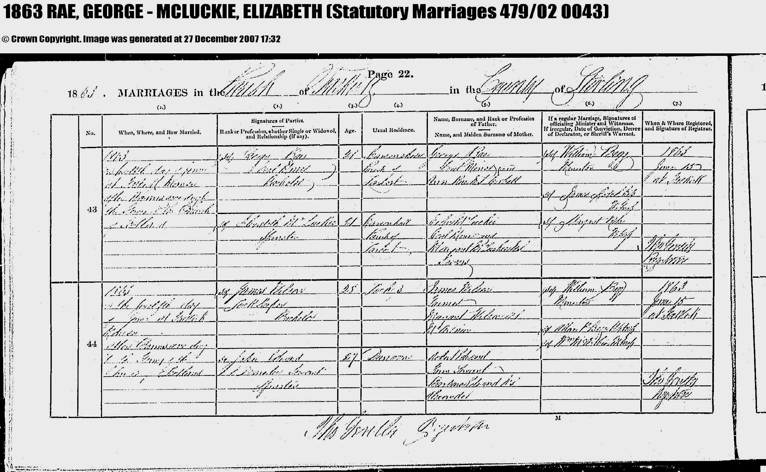 1863 marr. George RAE & Elizabeth McLUCKIE, Linked To: <a href='i875.html' >George Rae 🧬</a>